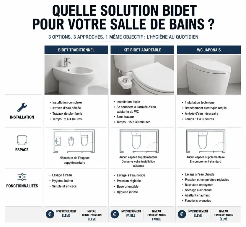 Infographie comparative des solutions bidet : bidet traditionnel, kit bidet adaptable et WC japonais pour une hygiène optimale.