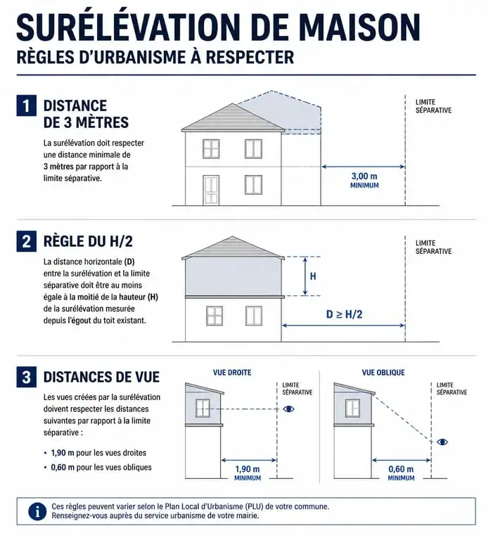 Schéma des règles de distance et de vue pour un projet de surélévation de maison et voisinage