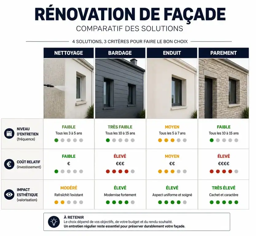 Infographie comparative des solutions pour rénover ou embellir une façade de maison