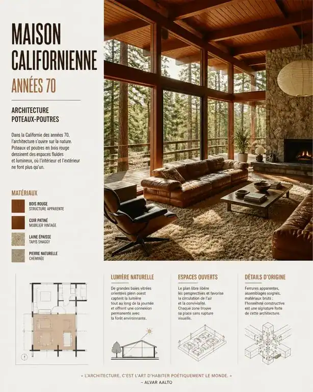 Salon de maison californienne années 70 avec architecture poteaux-poutres et vue sur la nature