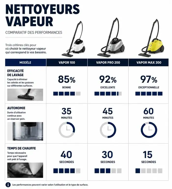 Infographie comparative des performances des nettoyeurs vapeur testés par 60 Millions de Consommateurs