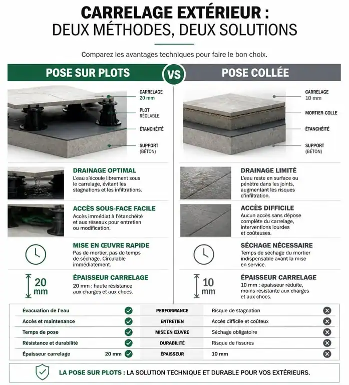 Comparatif technique entre la pose de carrelage sur plots et la pose collée traditionnelle pour terrasse