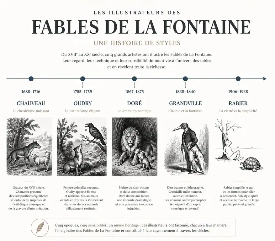 Infographie historique des illustrateurs des Fables de La Fontaine et évolution des styles artistiques