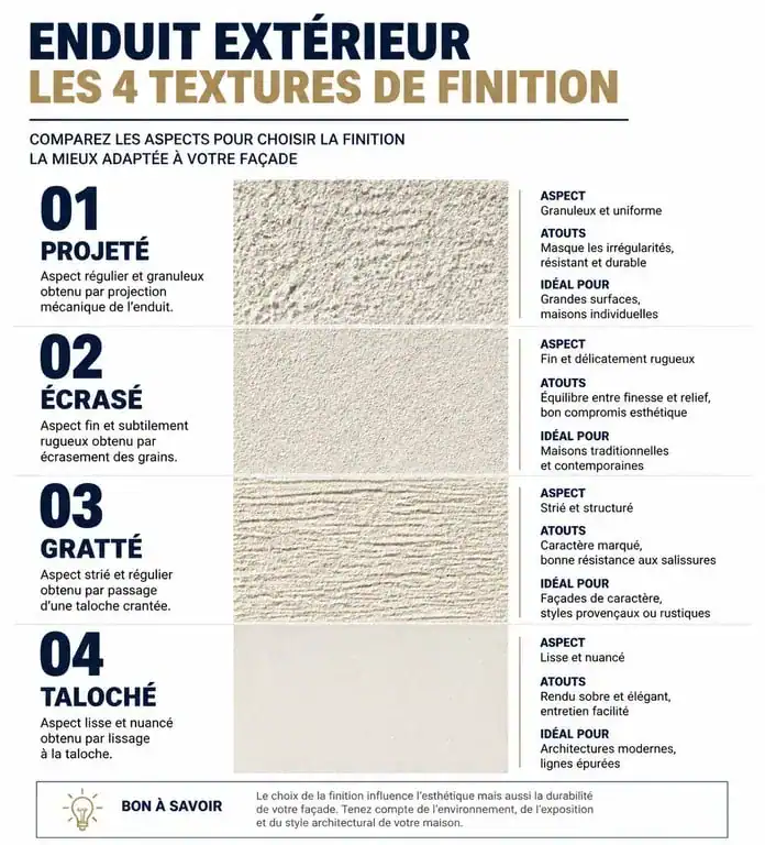 Comparatif visuel des finitions de crépi et enduit extérieur : projeté, écrasé, gratté et taloché