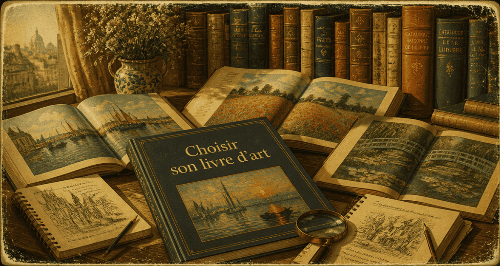 livre sur peintre ouvert sur table avec carnets et bibliothèque