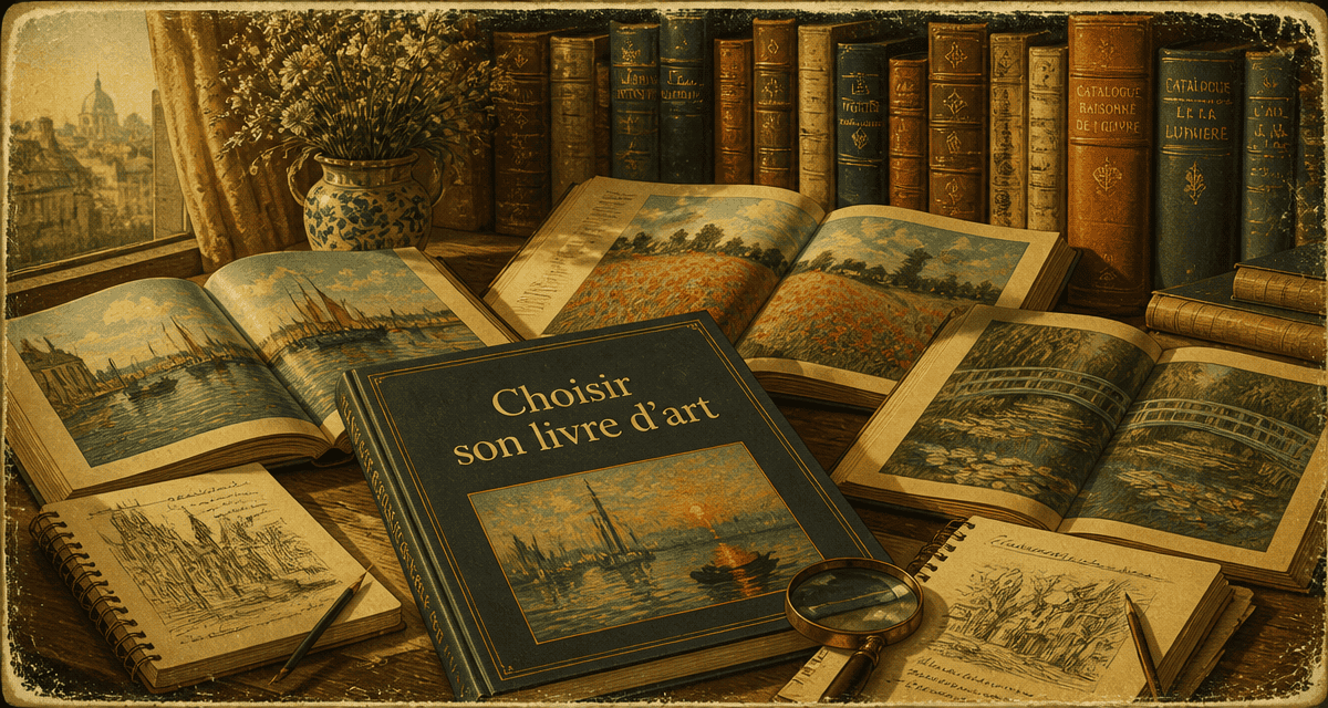 livre sur peintre ouvert sur table avec carnets et bibliothèque