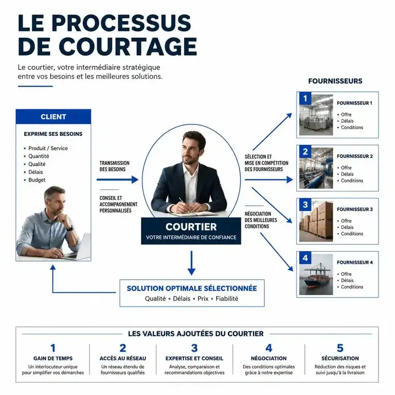 Schéma explicatif du processus de courtage et rôle du courtier
