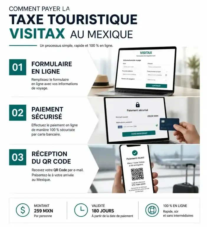 Infographie des étapes pour payer la taxe mexique Visitax en ligne