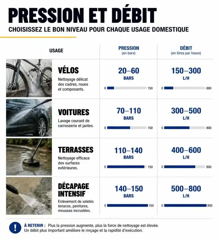 Infographie des paliers de puissance pour nettoyeur haute pression Karcher selon l'usage