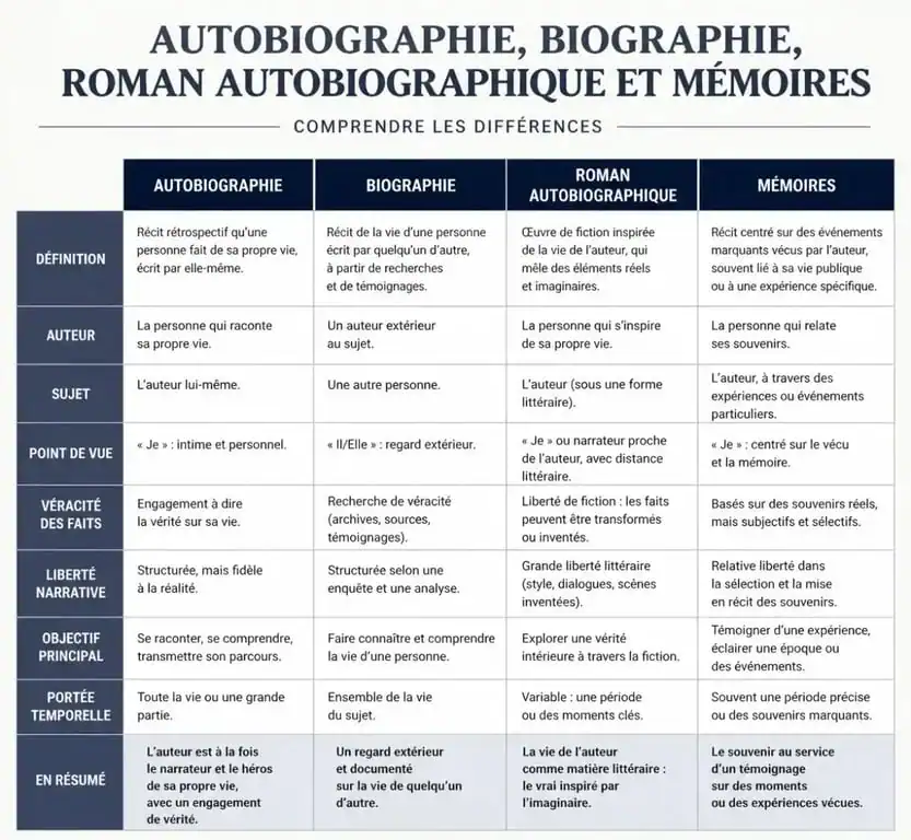 Infographie comparative des genres littéraires : autobiographie, biographie et roman autobiographique