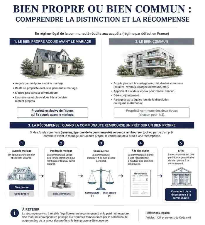 Schéma explicatif du statut juridique d'une maison achetée avant le mariage et mécanisme de récompense