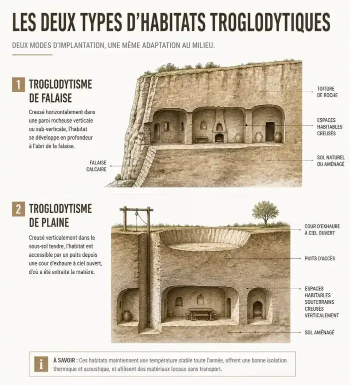 Schéma explicatif des deux types d'habitat troglodytique : falaise et plaine