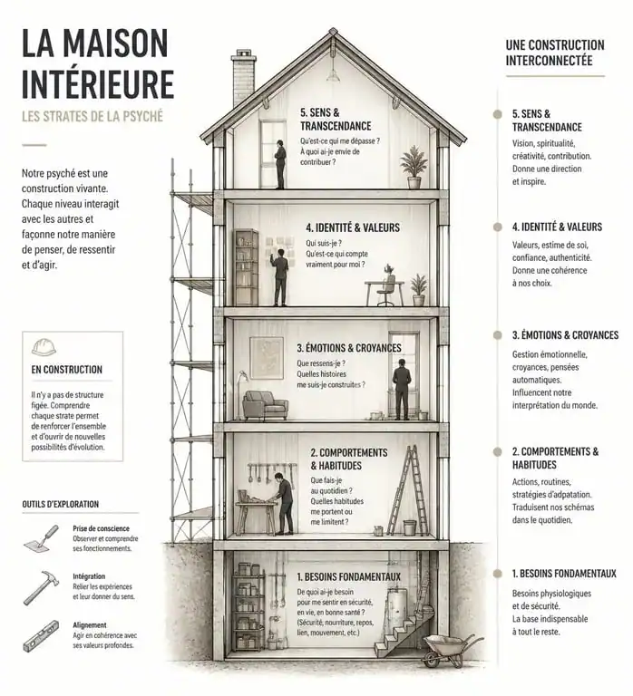 Illustration symbolique d'une maison en travaux représentant la restructuration de l'identité et la psychologie du rêve de maison en travaux