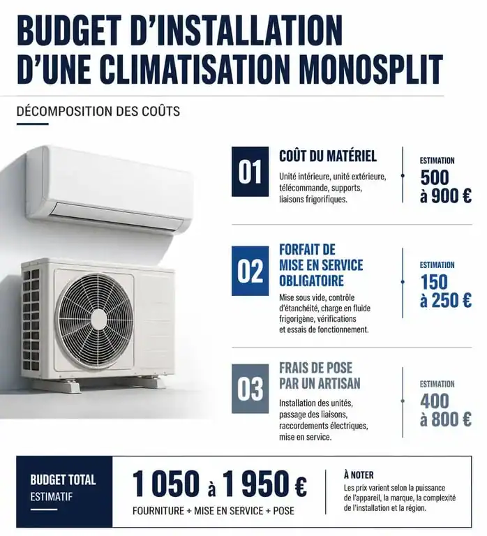 Répartition du prix de pose d'une clim Brico Dépôt : matériel, mise en service et installation