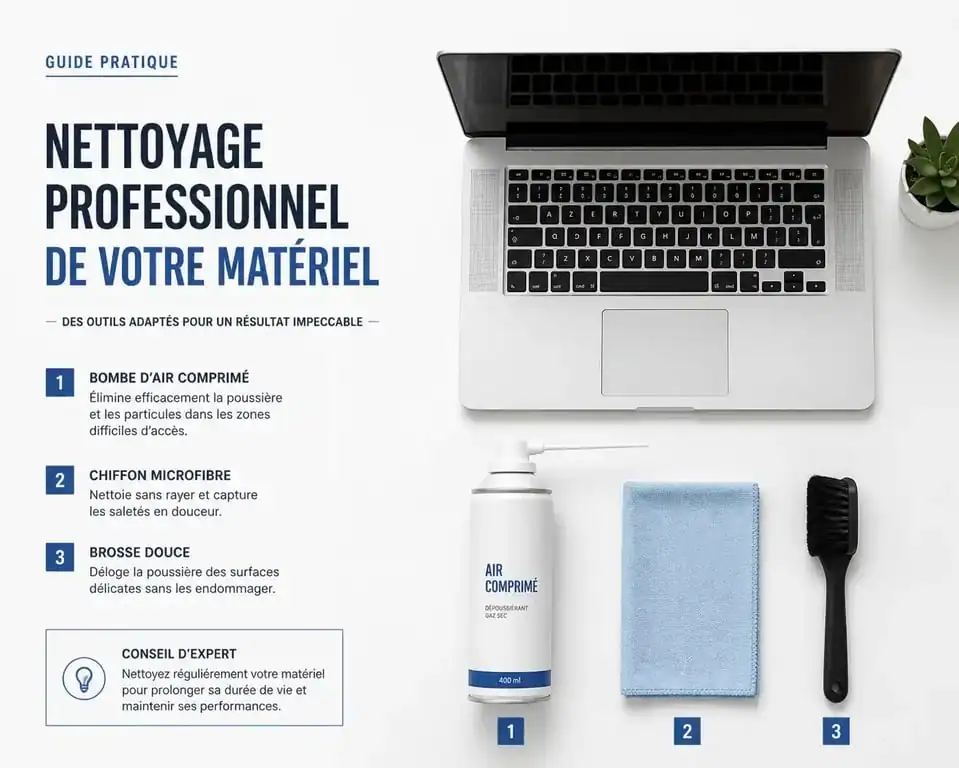 Kit complet pour le nettoyage pc portable : chiffon microfibre, air comprimé et brosse douce sur un bureau propre.