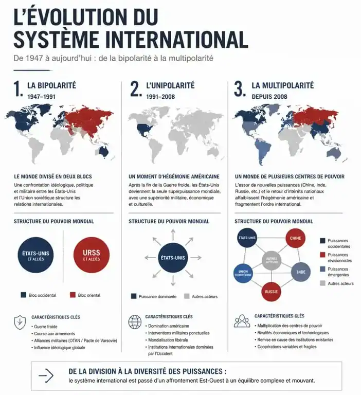 Schéma illustrant l'évolution vers un monde multipolaire et la répartition du pouvoir mondial