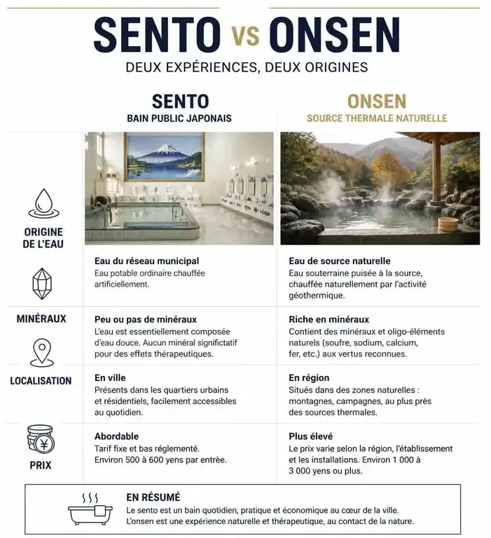 Infographie comparative entre sento et onsen au Japon