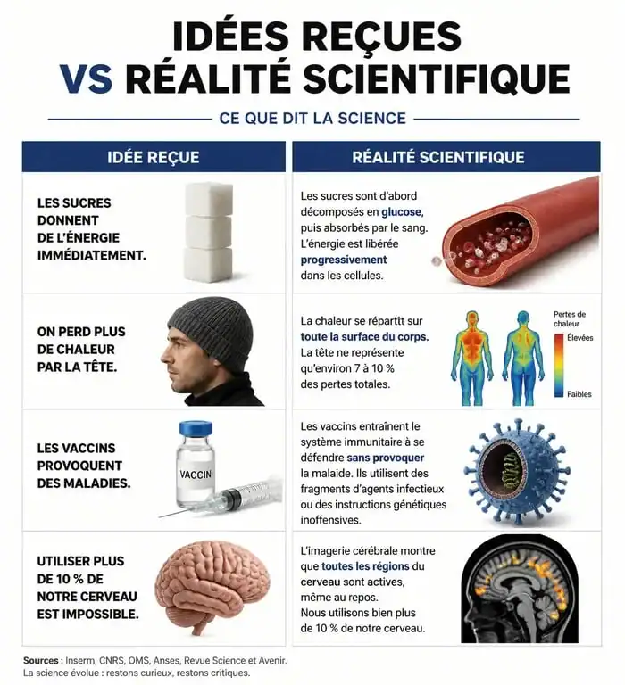 Infographie comparant des idées reçues et la réalité scientifique pour le savais-tu