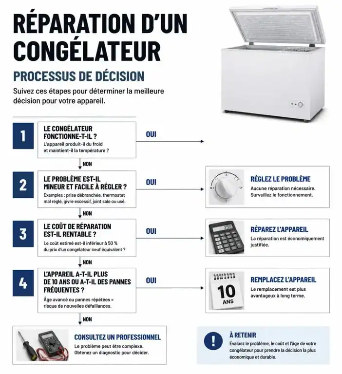 Infographie sur la réparation congélateur : diagnostic et décision