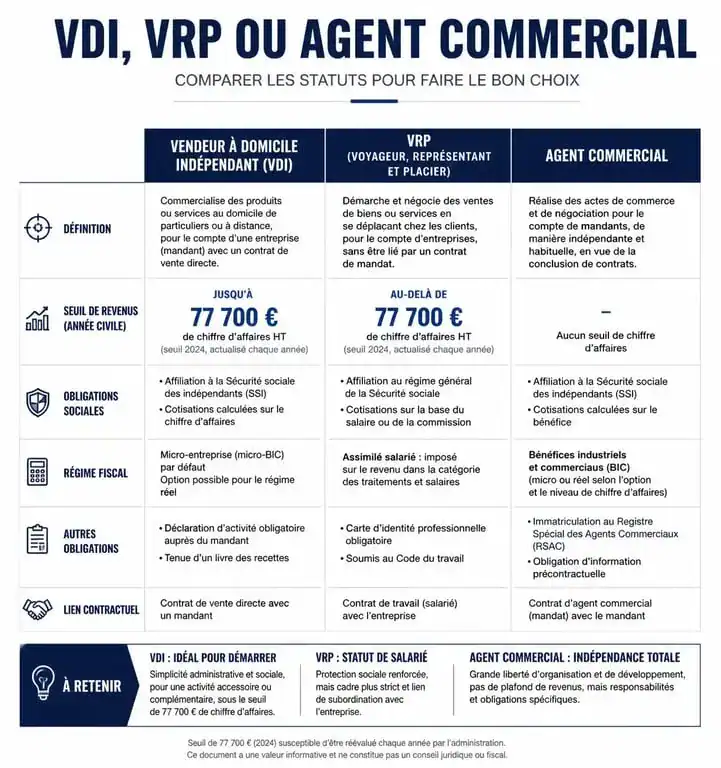 Infographie comparative des statuts de vente à domicile : VDI, VRP et Agent Commercial