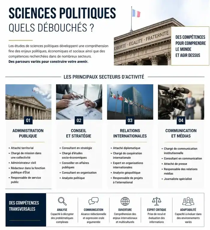 Infographie des débouchés professionnels après des études de sciences politiques