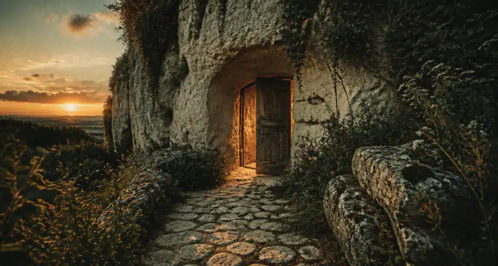 habitat troglodytique entrée creusée dans la roche au crépuscule