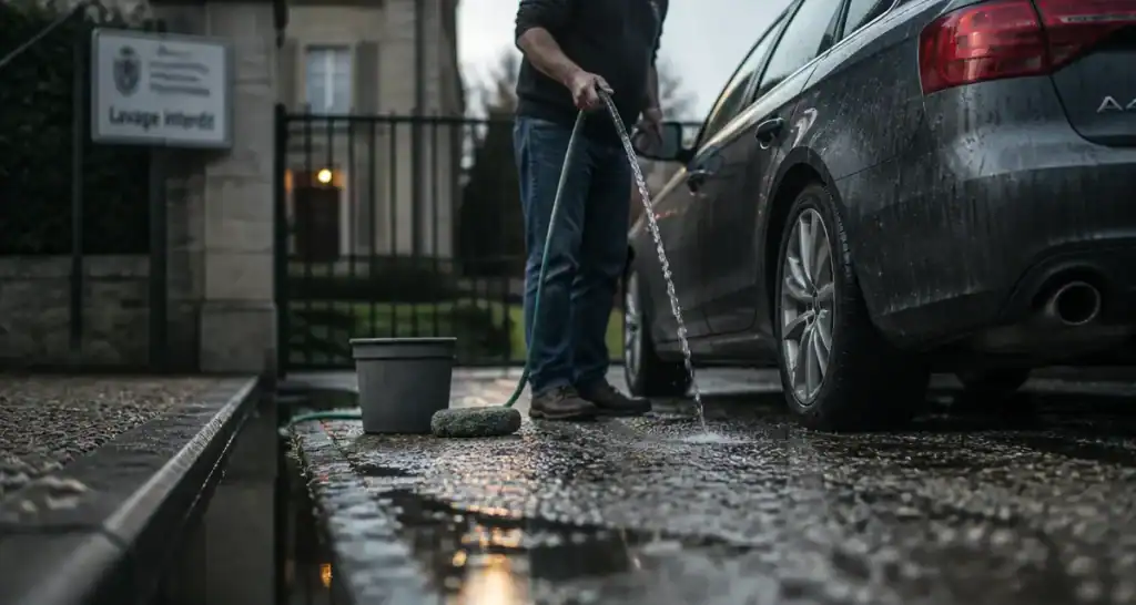 Interdiction de laver sa voiture chez soi : panneau “lavage interdit” et eau vers le caniveau.