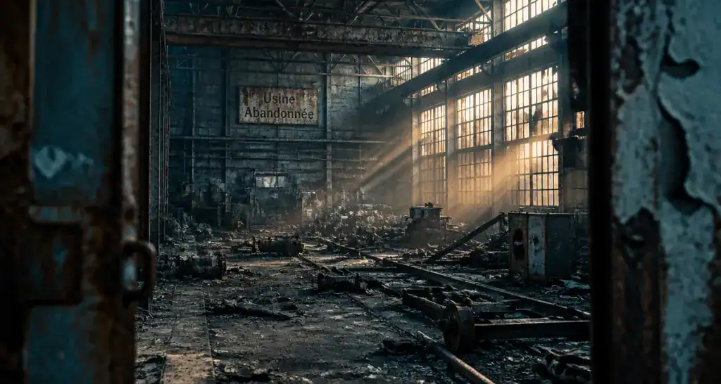 intérieur usine abandonnée vue porte rouillée