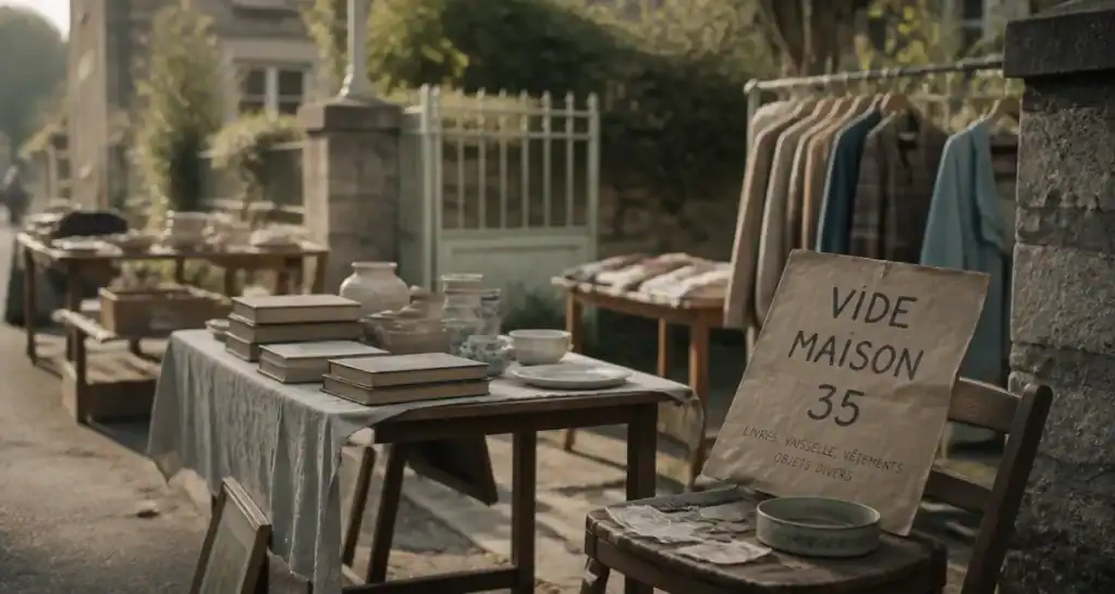 Vide maison 35 : tables et objets à vendre dans le jardin en Ille-et-Vilaine