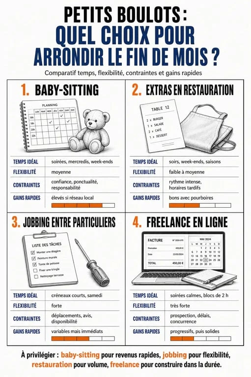 Petit boulot pour arrondir fin de mois : comparatif visuel des options selon le temps disponible, la flexibilité et les contraintes