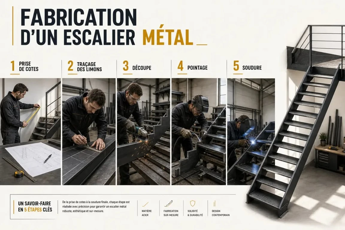 Fabriquer un escalier en metal en atelier avec prise de cotes, découpe et soudure