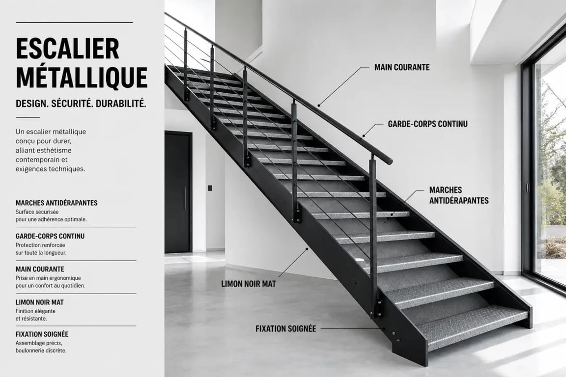 Fabriquer un escalier en metal fini avec marches antidérapantes et garde-corps