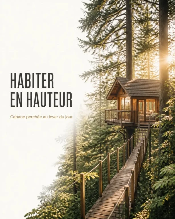 Habitats insolites : cabane perchée en forêt au lever du jour