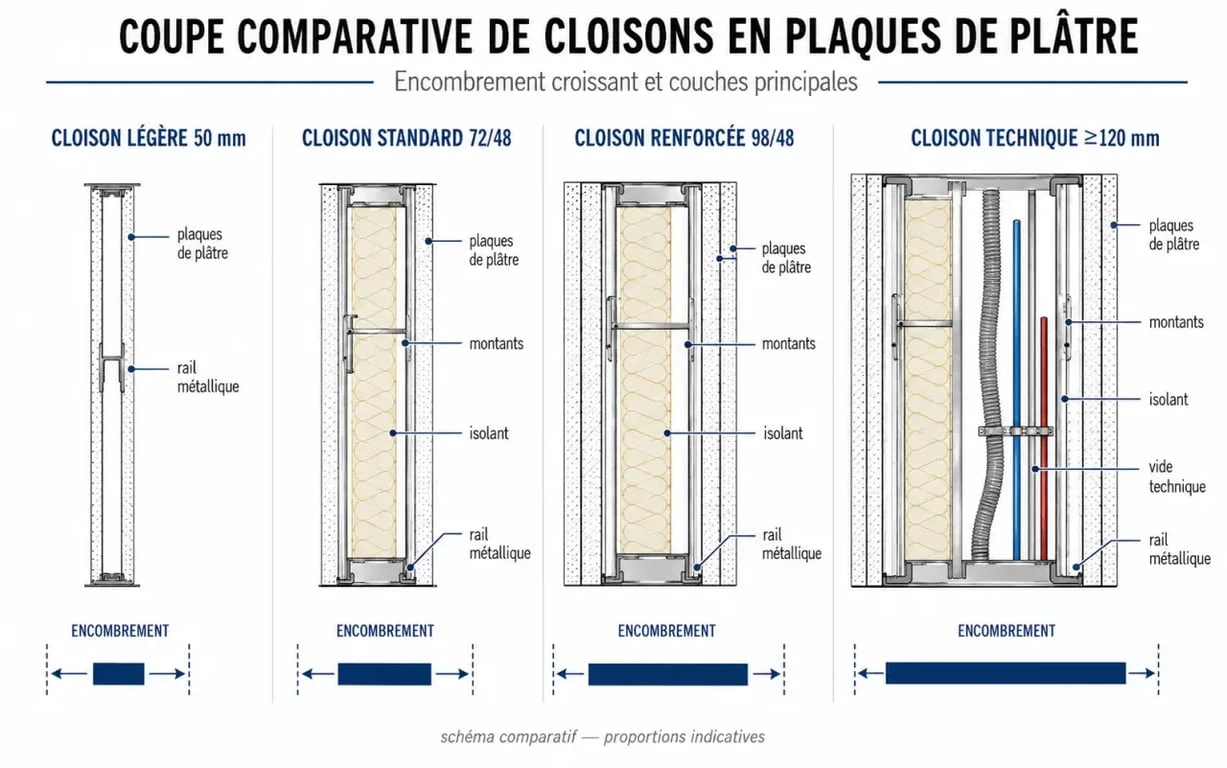 Épaisseur cloison placo avec rail : schéma comparatif des principales épaisseurs et couches d’une cloison