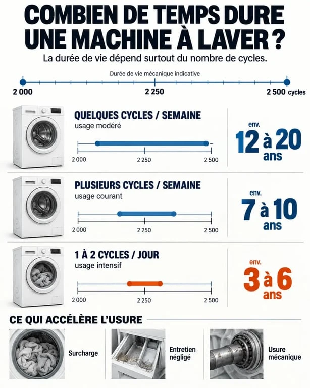 Infographie sur la durée de vie d'une machine à laver selon le rythme de lavage