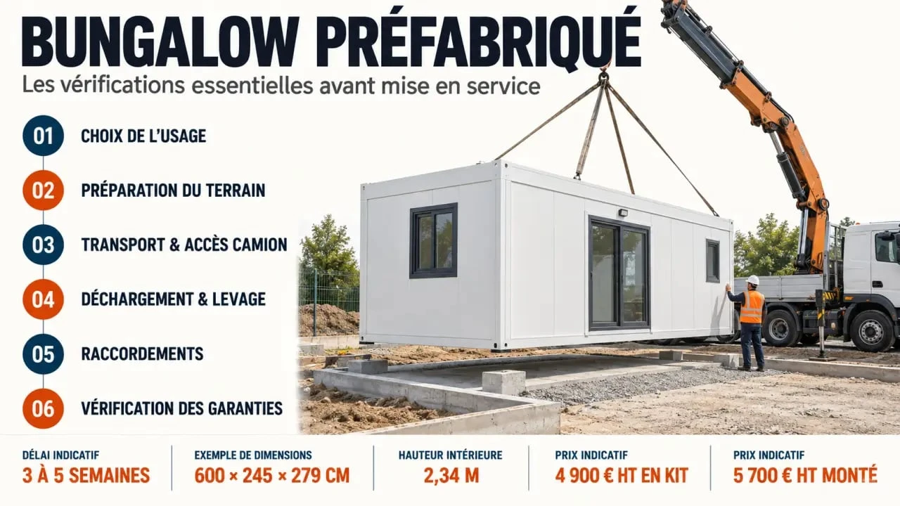Infographie sur le bungalow préfabriqué, ses dimensions, son prix indicatif et les étapes d’installation