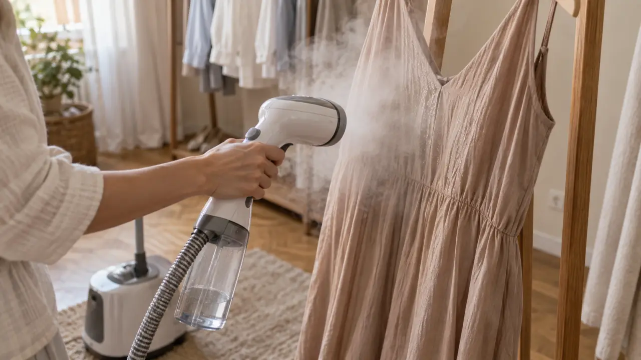 Quel defroisseur choisir : vapeur du défroisseur sur robe en viscose suspendue