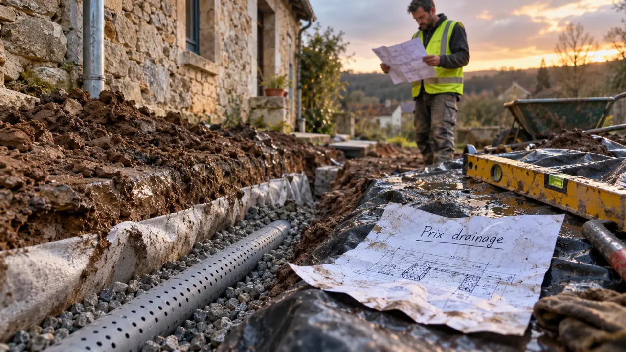 Drainage maison ancienne prix : chantier de drain et tuyau perforé près de la maison