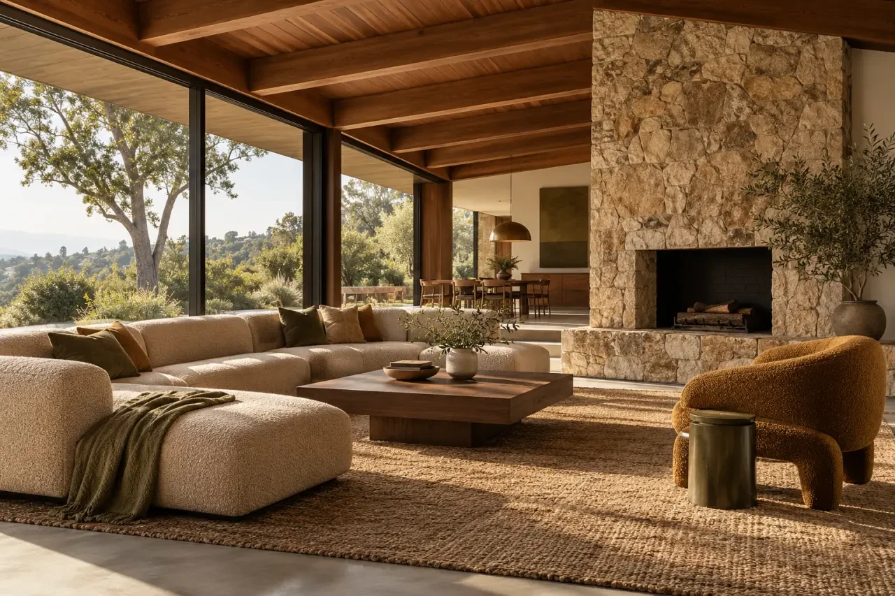 Intérieur d’une maison californienne des années 70 avec bois, pierre, mobilier bas et textiles terreux