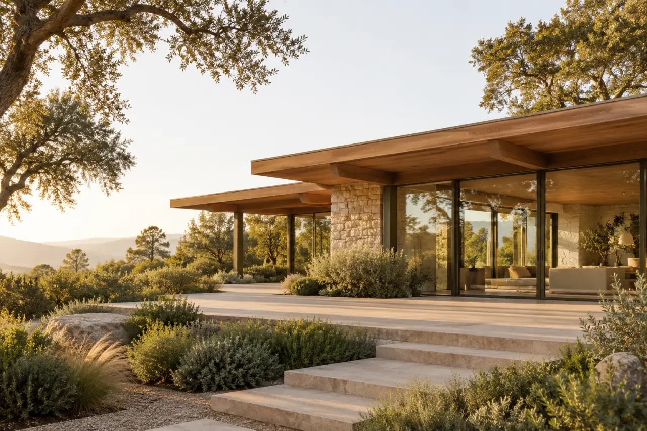 Maison californienne des années 70 ouverte sur un jardin avec grandes baies vitrées et terrasse