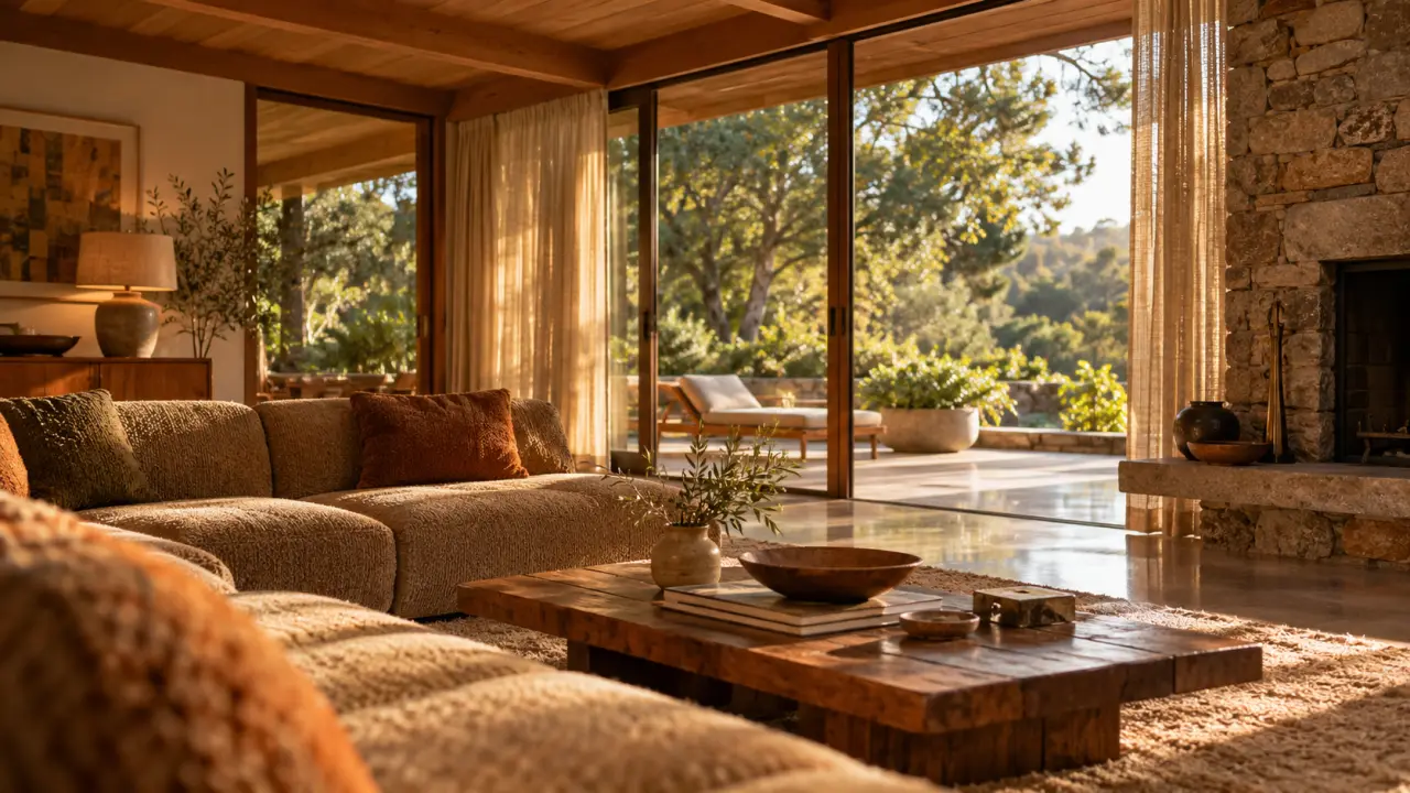 Maison californienne année 70 : salon bois et baies vitrées, jardin