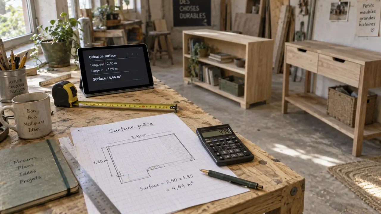 Mon amenagement maison : plan de pièce, mètre ruban et calcul de surface